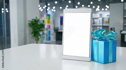 Minimalist E-Commerce Setup with Tablet and Gift Box in Modern Workspace