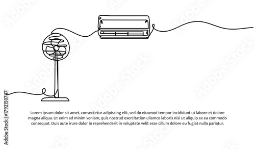 Set of fan and air conditioner one line. Electronic tools. Abstract minimal continuous line isolated on white background.