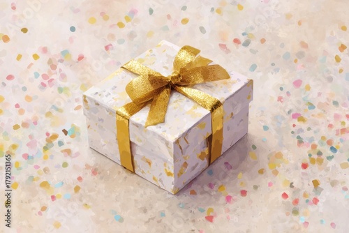 Fototapeta Naklejka Na Ścianę i Meble -  digital painting of gift box with golden ribbon surrounded by confetti, pastel cream background 