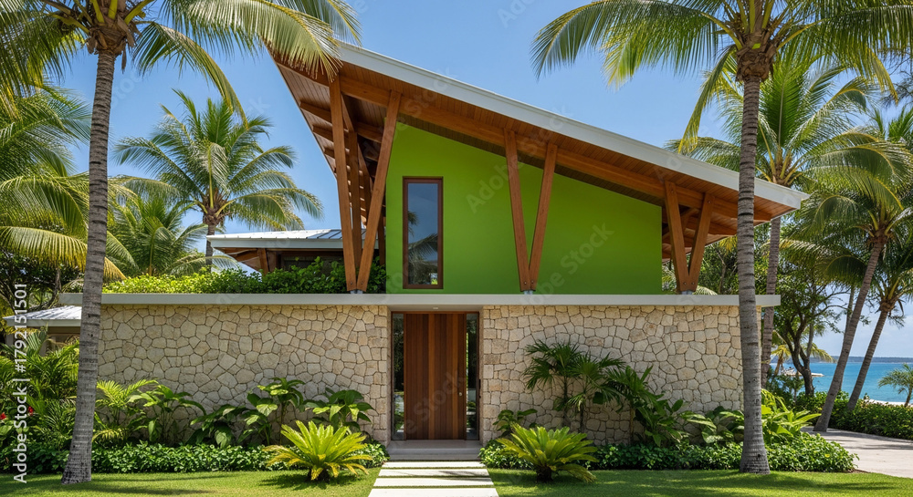 Fototapeta premium Modern tropical house with green facade, palm trees, and ocean view.