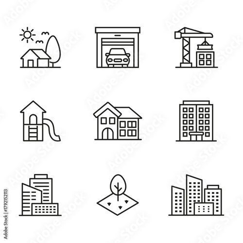 Real estate and architecture icons. A collection of simple line drawings depicting houses keys furniture and real estate related concepts. Set of building icons featuring cinema, mall, hotel, office.