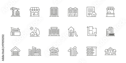 Real estate and architecture icons. A collection of simple line drawings depicting houses keys furniture and real estate related concepts. Set of building icons featuring cinema, mall, hotel, office.