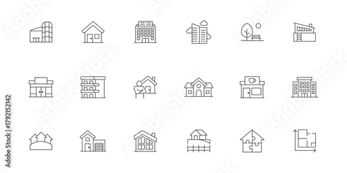 Real estate and architecture icons. A collection of simple line drawings depicting houses keys furniture and real estate related concepts. Set of building icons featuring cinema, mall, hotel, office.