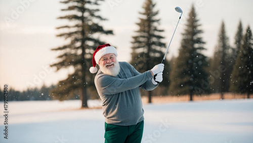 Santa wearing casual clothes and red xmas hat enjoys winter day of golf on snowy course surrounded by tall fir trees