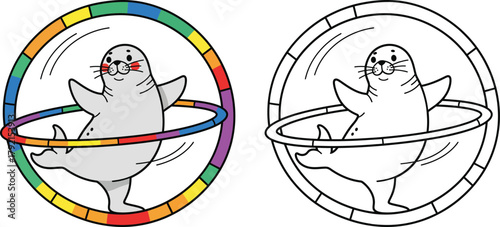 Playful Cartoon Seal with Rainbow Hula Hoop in a Circle Frame Fun Outline and Colored Illustration