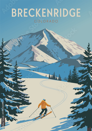 Vintage colorado snowboarding travel poster with mountain scenery and winter sport theme