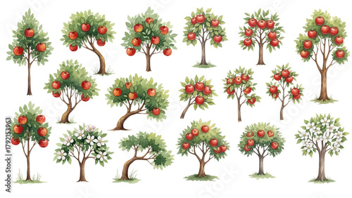 A collection of various illustrated apple trees with ripe red apples and lush green leaves on a transparent background.