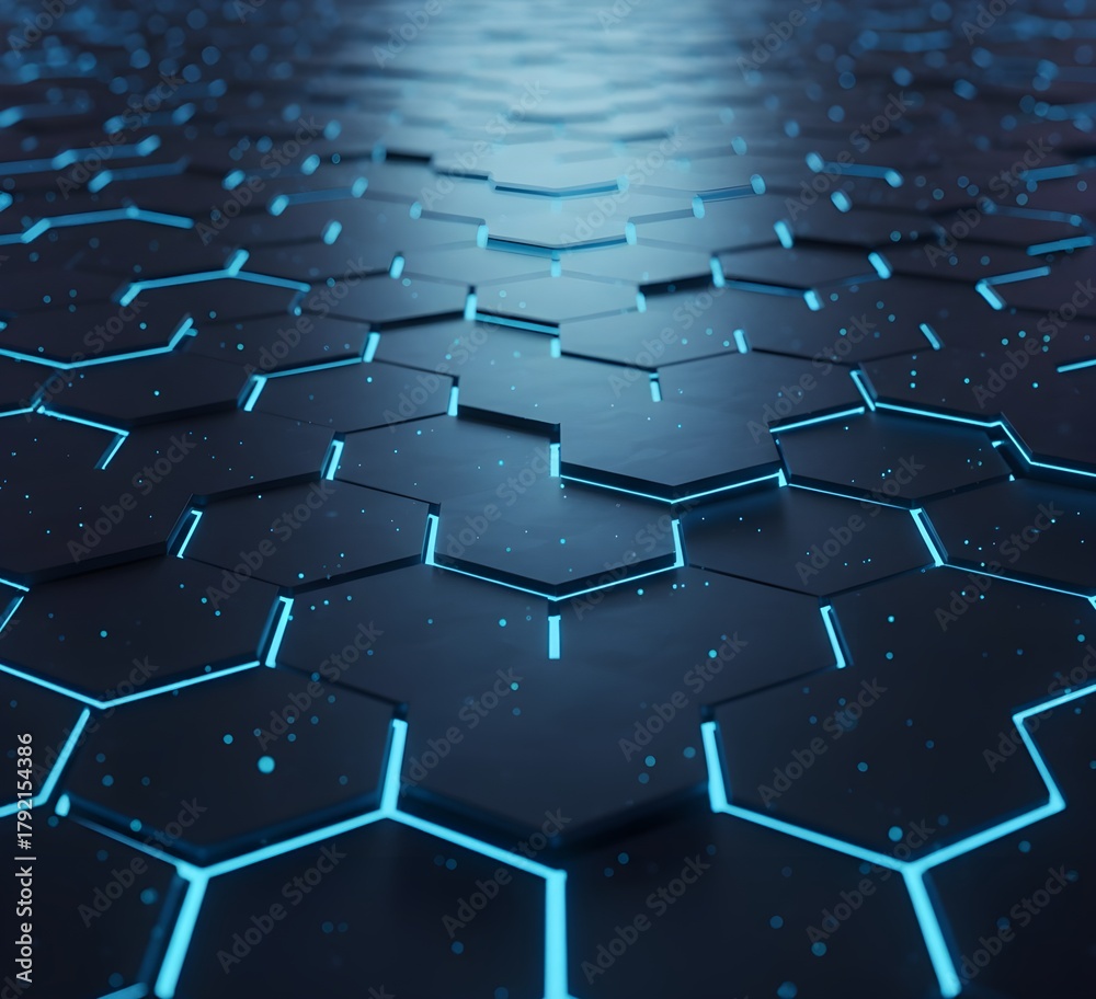 Obraz premium illustration of hexagon landscape with dark surfaces and neon perimeter