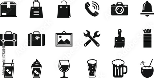 Collection of various icons representing everyday objects and tools