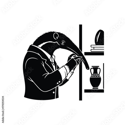 Anteater Appraiser in Suit Examining Pottery on White Background Silhouette Vector Illustration