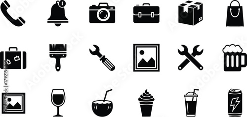 Set of black silhouette icons representing various objects