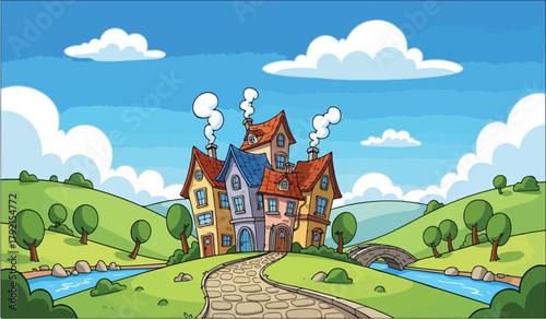 Cartoon village with whimsical houses and stone path