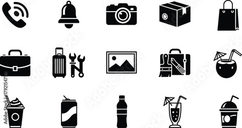 Set of black silhouette icons for web and graphic design