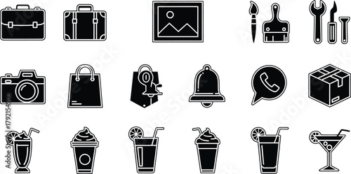 Collection of various black glyph icons representing diverse objects