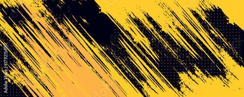 Black and yellow abstract background with brush stroke and halftone style. abstract grunge