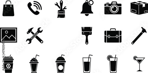 Set of various black glyph icons representing diverse objects