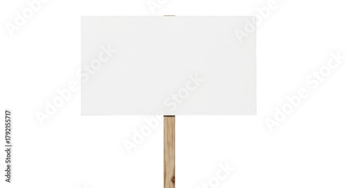 Blank white rectangular sign attached to a wooden pole isolated on a transparent background board