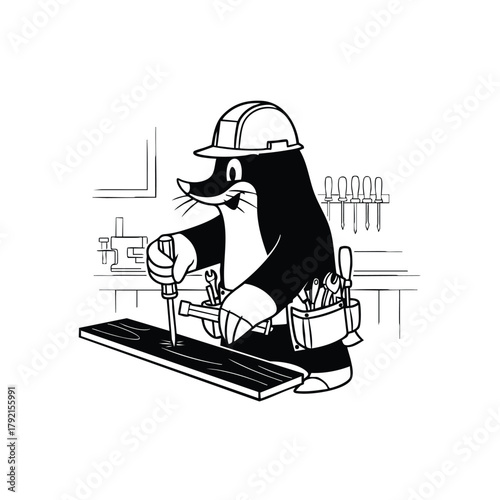Craftsman mole silhouette worker with helmet working with wood on White background using screwdriver