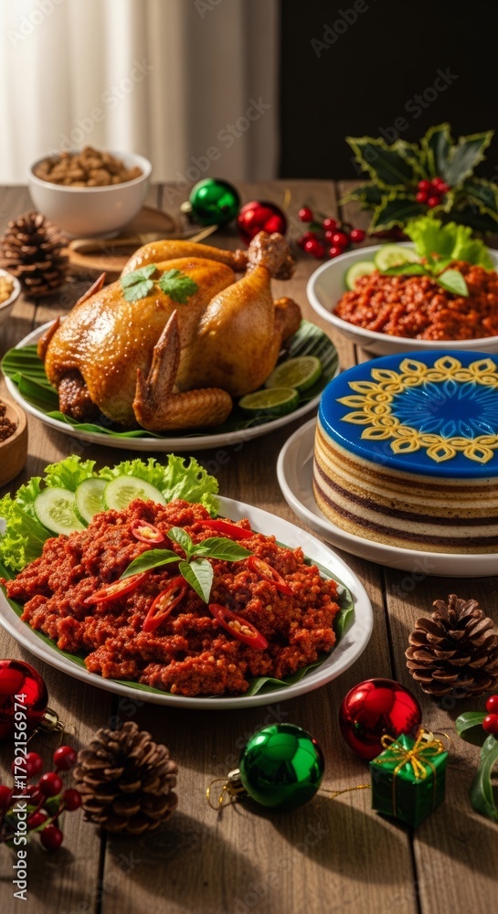 Fototapeta premium Traditional Indonesian Christmas feast with authentic local dishes such as ayam rica-rica, babi guling, and festive desserts. Styled on a rustic wooden table with soft lighting and Christmas details