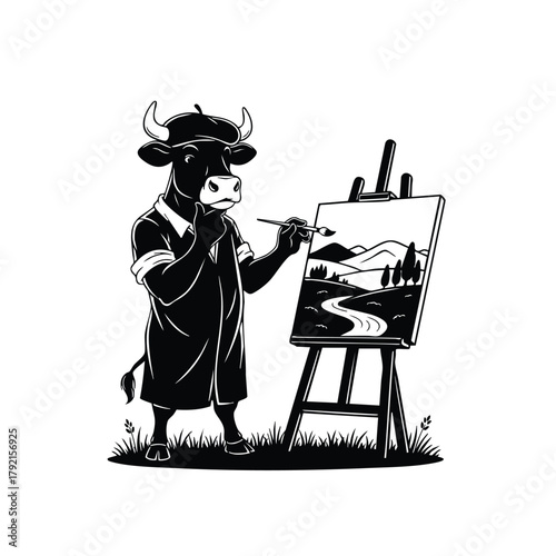 Cow artist silhouette on White background painting landscape scene with easel and beret creative expression artwork