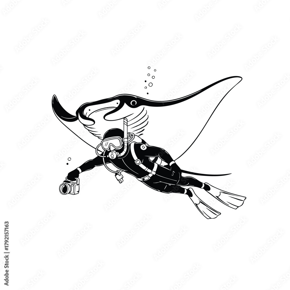 Obraz premium Diver explores underwater world with manta ray silhouette on white background under water