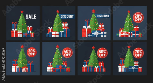 Vector illustration of set of christmas sale and discount banners with decorated tree and gift boxes, offering 20, 30, 40, 60, and 70 percent off