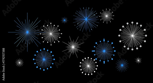 Vector illustration of abstract blue and white fireworks exploding in the dark night sky, festive celebration and holiday background