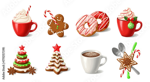 Vector illustration of collection of christmas sweets and drinks, including gingerbread man, donuts, hot chocolate, and decorated cookies, isolated on