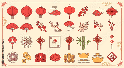 Vector illustration of collection of traditional chinese new year symbols and decorations, including lanterns, fans, and lucky knots, presented in a flat design style