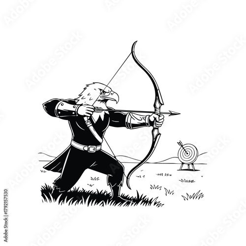 Eagle silhouette on White background shooting archery with bow and arrow hitting target in meadow field