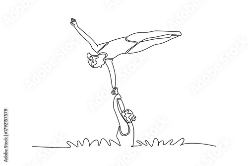 Single one line drawing two beauty women are performing synchronized lift over the water. Complex grace, precision, strength of aquatic sport. Continuous line draw design graphic vector illustration