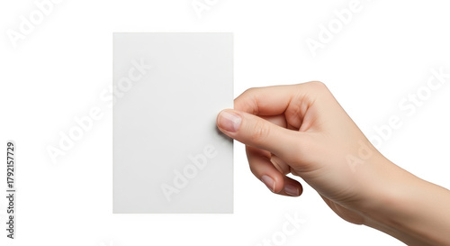 Female hand holding a blank white card with natural fingernails isolated on a transparent background