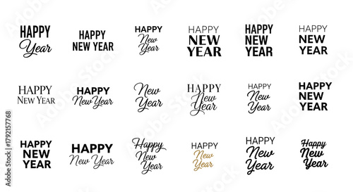 Vector illustration of collection of 20 different happy new year typographic designs and lettering in various styles, isolated on