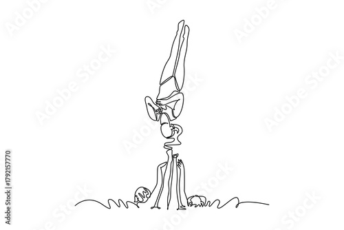 Single one line drawing three women are performing synchronized lift and vertical pose. Complex grace, precision, and teamwork of aquatic sport. Continuous line draw design graphic vector illustration