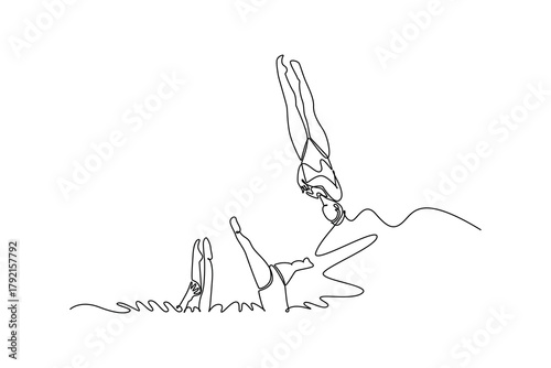 Single one line drawing group women are performing synchronized vertical position in the water. Grace, precision, fluid motion of aquatic sport. Continuous line draw design graphic vector illustration