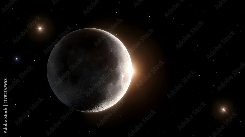 Fototapeta premium A celestial body partially illuminated by a distant light source set against a backdrop of countless stars in deep space