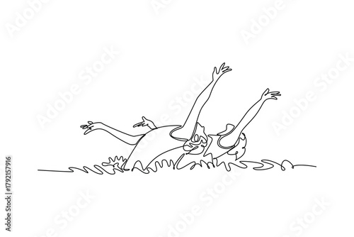 Continuous one line drawing two women are performing synchronized back layout sculling with arms extended. Grace and fluid motion of aquatic sport. Single line draw design vector graphic illustration