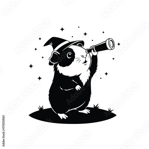 Guinea pig wizard silhouette with telescope on white background animal illustration character