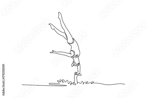 Continuous one line drawing woman is performing a vertical handstand in the water. The complex balance and graceful inversion of artistic swimming. Single line draw design vector graphic illustration