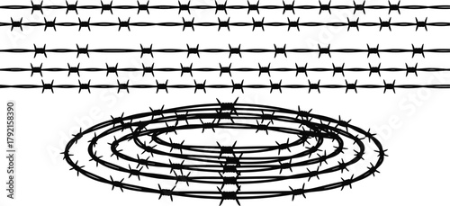 Barbed wire coil, fencing strands, sharp metal, twisted wire, industrial security, perimeter protection, steel loops, danger zone, protective barrier