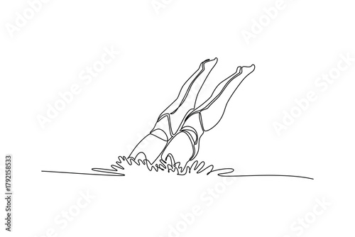 Continuous one line drawing two women's legs are perfectly synchronized as they execute vertical descent into water. Fluid motion of aquatic sport. Single line draw design vector graphic illustration