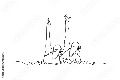 Continuous one line drawing two women are performing synchronized arm extensions above water's surface. Precision and fluid motion of aquatic sport. Single line draw design vector graphic illustration