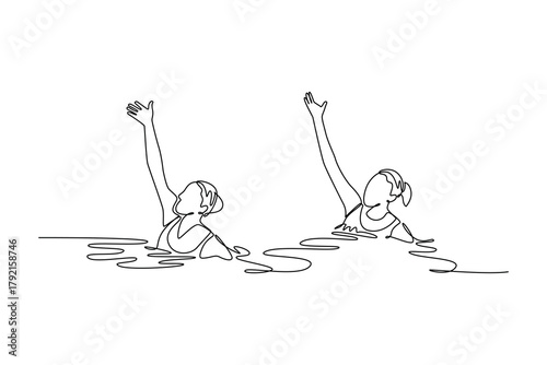 Single continuous line drawing two women are performing synchronized arm extensions above water surface. Precision and fluid motion of aquatic sport. One line draw graphic design vector illustration