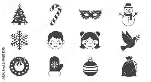 christmas, holiday, set, collection, tree, candy, cane, mask, snowman, snowflake, child, boy, girl, dove, wreath, mitten, bauble, ornament, gift, bag, winter, season, celebration