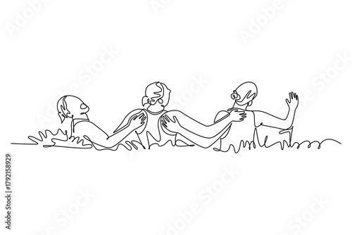 Single continuous line drawing three women performing a synchronized, interlocking back layout sculling position in water. Grace, precision, teamwork. One line draw graphic design vector illustration