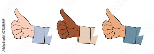 Thumbs Up A clean flat vector illustration of a hand making the Thumbs Up gesture in three diverse skin tones White Black Asian