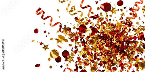 Red and gold confetti and streamers exploding on christmas