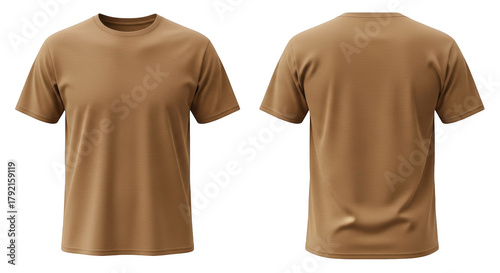 Front and back view of a plain tan short-sleeved t-shirt isolated on a transparent background brown beige