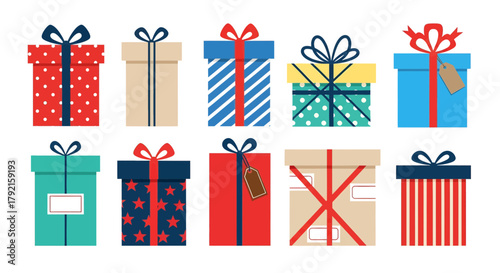 Vector illustration of collection of ten assorted gift boxes with ribbons and bows, isolated on