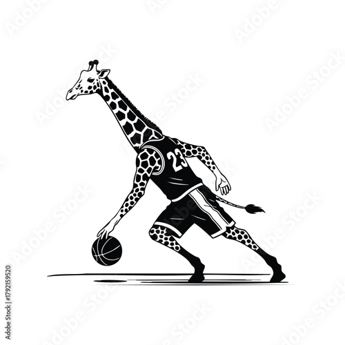 Giraffe Basketball Player Silhouette Dribbling Ball on Court with White Background Sport Vector